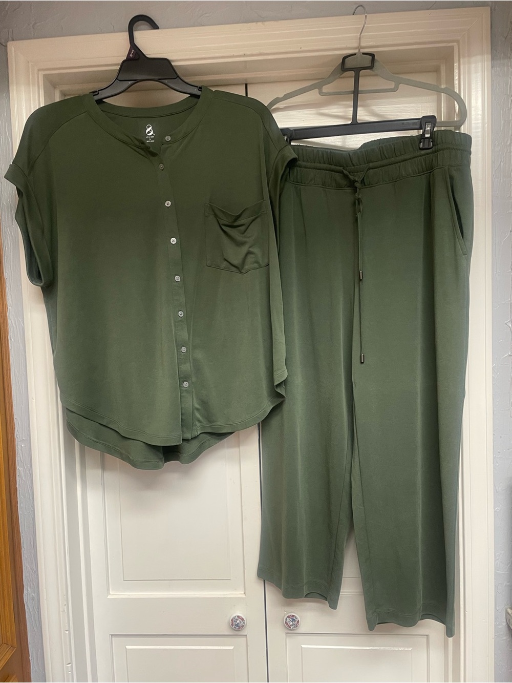 Relaxed Sandwashed Olive Green Button-Front Top & Drawstring Pants Set